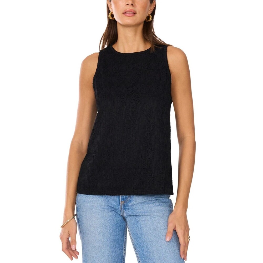 Vince Camuto women's Textured Round-Neck Sleeveless top  Rich Black Size L